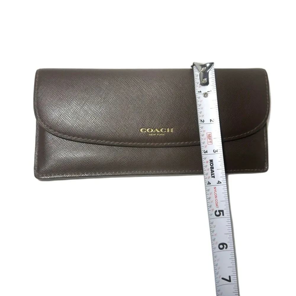 Coach Brown Slim Envelope Flap Wallet Snap Closure Zipper Pocket 8in x 3.5in